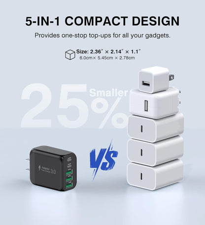 [2-Pack]50W USB C Wall Charger Block, 5-Port C Charger Fast Charging Block PD Power Adapter +QC 3.0 Multiport Type C Box Brick Cube USB A Wall Plug for iPhone 16/15/14/13 Pro Max,Samsung Galaxy(Black)