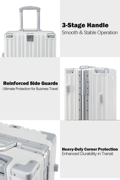 HotWay 24 Inch Aluminum Frame Luggage with Spinner Wheels, PC Hard Shell Suitcase with Cup Holder, Zipperless Luggage for Business Travel, White