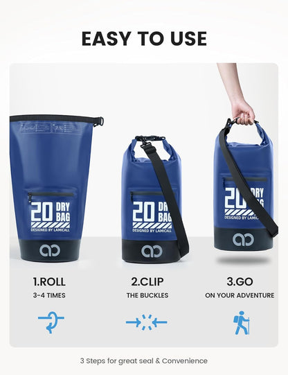 Lamicall Dry Bag Waterproof Backpack - [Zippered Pocket] 5L/10L/20L/30L/40L Roll Top Waterproof Bag with Water Proof Phone Pouch, Floatable Drybag for Swimming, Boating, Kayaking, Camping, Beach