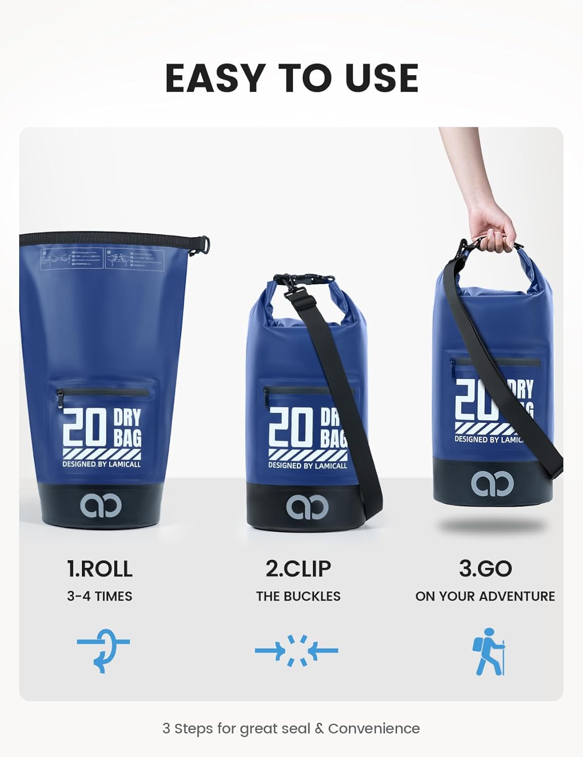 Lamicall Dry Bag Waterproof Backpack - [Zippered Pocket] 5L/10L/20L/30L/40L Roll Top Waterproof Bag with Water Proof Phone Pouch, Floatable Drybag for Swimming, Boating, Kayaking, Camping, Beach