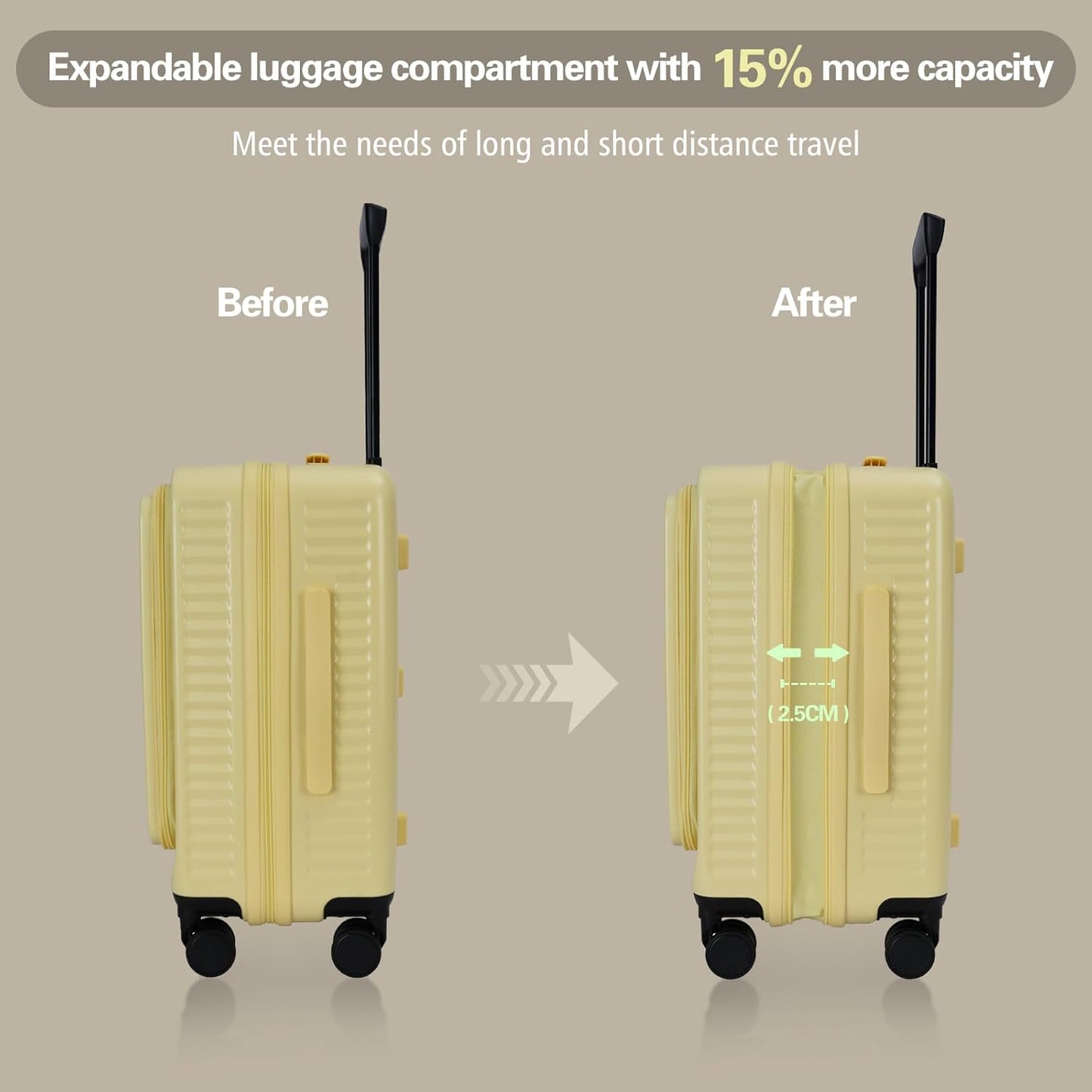 20 Inch Luggage with Spinner Wheels,Expandable Front Opening Suitcase 100% PC Hard Shell TSA Lock, Smooth Rolling Wheels, Lightweight Travel for Men and Women, Y03 Yellow Slightly Larger