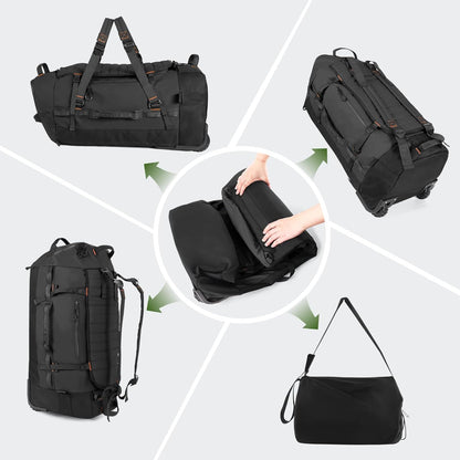 Vomgomfom 86L Collapsible Wheeled Luggage with Removable Backpack Straps,Waterproof Rolling Duffle Bag with Quilted Base,No Telescope Handle,Black
