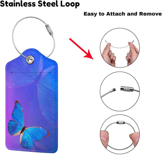 Blue and Purple Luggage Tags with Butterfly Print, Beautiful Violet Suitcase Tags with Privacy Cover Id Card Stainless Steel Loop, 2 Pack Identifiers Tags with Name ID Labels for Women Girls Travel