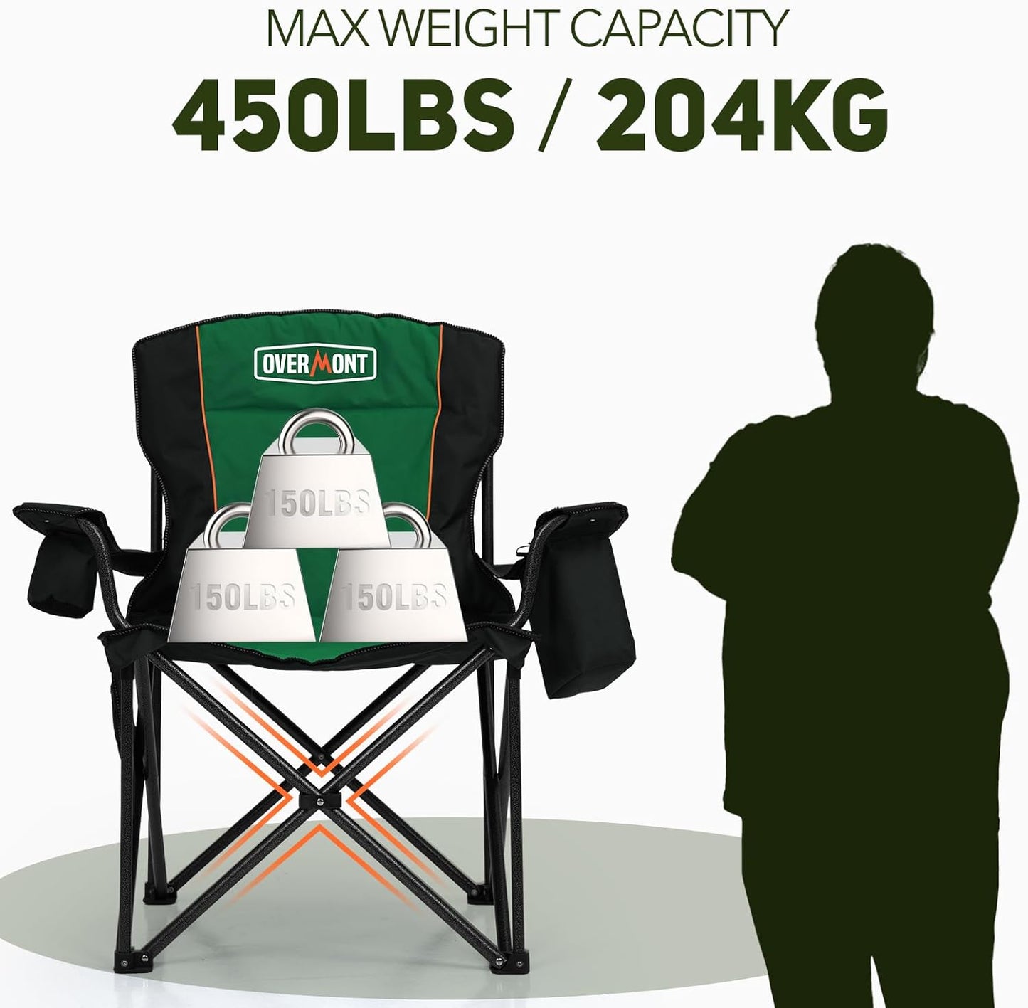 Overmont Oversized Folding Camping Chair - 450lbs Support with Padded Cushion Cooler Pockets - Heavy Duty Collapsible Chairs for Sports Garden Beach Fishing