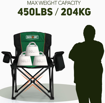 Overmont Oversized Folding Camping Chair - 450lbs Support with Padded Cushion Cooler Pockets - Heavy Duty Collapsible Chairs for Sports Garden Beach Fishing