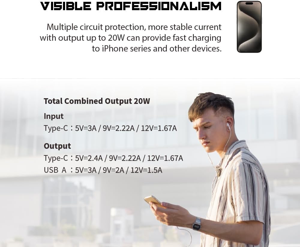 megacom Power Bank 10000mAh/37Wh with Type-C in/Output 20W & USB-A Output x 2, LED Indicate Capacity (Model:ME-1033)