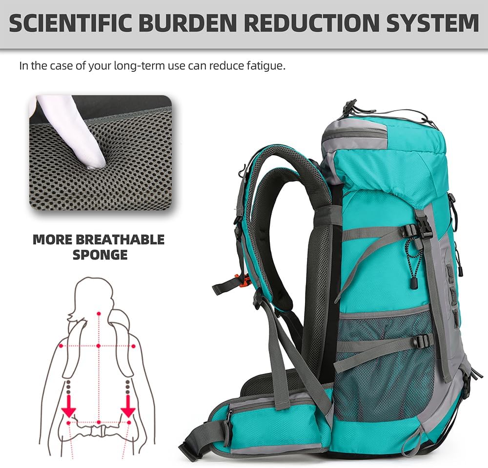 King'sGuard 60L Hiking Backpack Large Waterproof Camping Backpack for Men and Women Lightweight Frameless Backpacking Backpack with Rain Cover (Lake Blue)