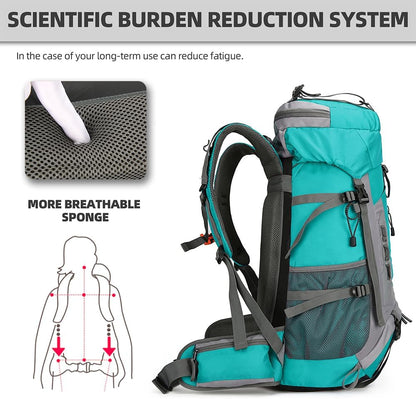 King'sGuard 60L Hiking Backpack Large Waterproof Camping Backpack for Men and Women Lightweight Frameless Backpacking Backpack with Rain Cover (Lake Blue)