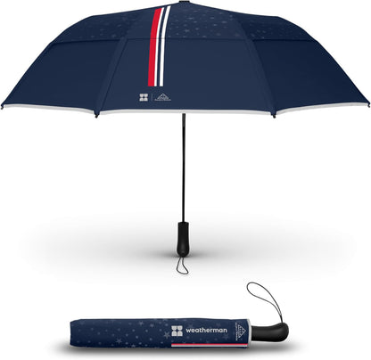 Weatherman - Folds of Honor - Premium Collapsible Travel Umbrella - Windproof, Compact, Easy Auto Open - Resists Up to 55 MPH Winds - Perfect for Celebrations (FOH Blue 2025)