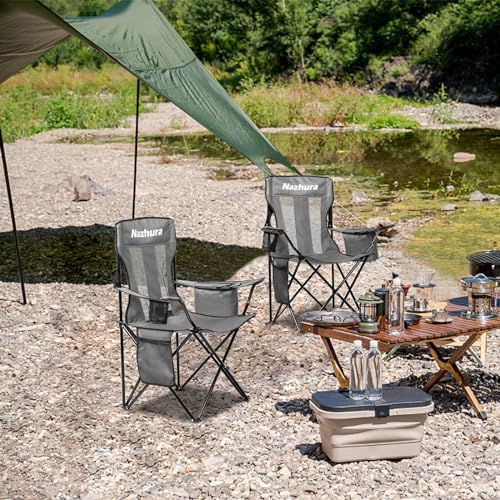 Nazhura 2 Pack Outdoor Camping Chairs Folding/Foldable/Portable with Cooler Pouch, Mesh Backrest and Cup Holder Pocket (Grey, Metal, 2 Pack)