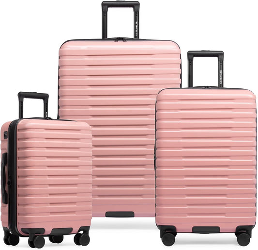 U.S. Traveler Boren Polycarbonate Hardside Rugged Travel Suitcase Luggage with 8 Spinner Wheels, Aluminum Handle, Pink, 3-Piece Set, USB Port in Carry-On