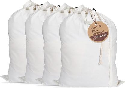 LFH Home Cotton Canvas Large Laundry Bag with Handle, Heavy Duty Drawstring Closure Washable Laundry Bags, School Travel, Home, Hotel, College Dorm, Organizer Sack, Toy Clothes 28x36 (Pack of 4)-White