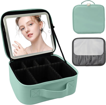 Travel Makeup Bag with LED Mirror and Light Makeup Travel Bag Organizer Portable Cosmetic Brush Organizer Bag with Adjustable Dividers for Cosmetics Makeup Brushes Toiletry (Light Green)
