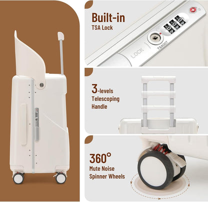 22'' Hardside Ride-On Suitcase with Seat for Kids & Adults – Travel Luggage with 360° Spinner Wheels, Lockable TSA Lock & Seat Belts, Foldable Stool for Airport Waiting