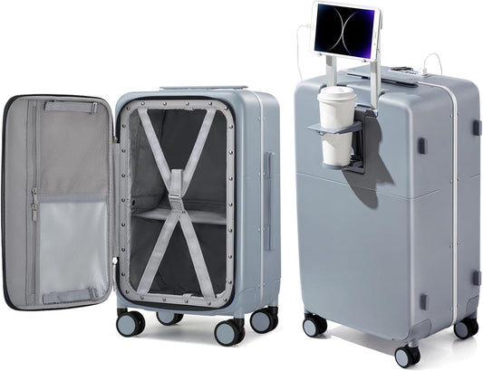 Hanke 24 Inch Luggage with Cup Holder and Charge,Top Opening Hard Shell Suitcases with Wheels and Dividers,Aluminum Frame Trunk Luggage Medium Checked Suitcase with Lock for Travel,Gray