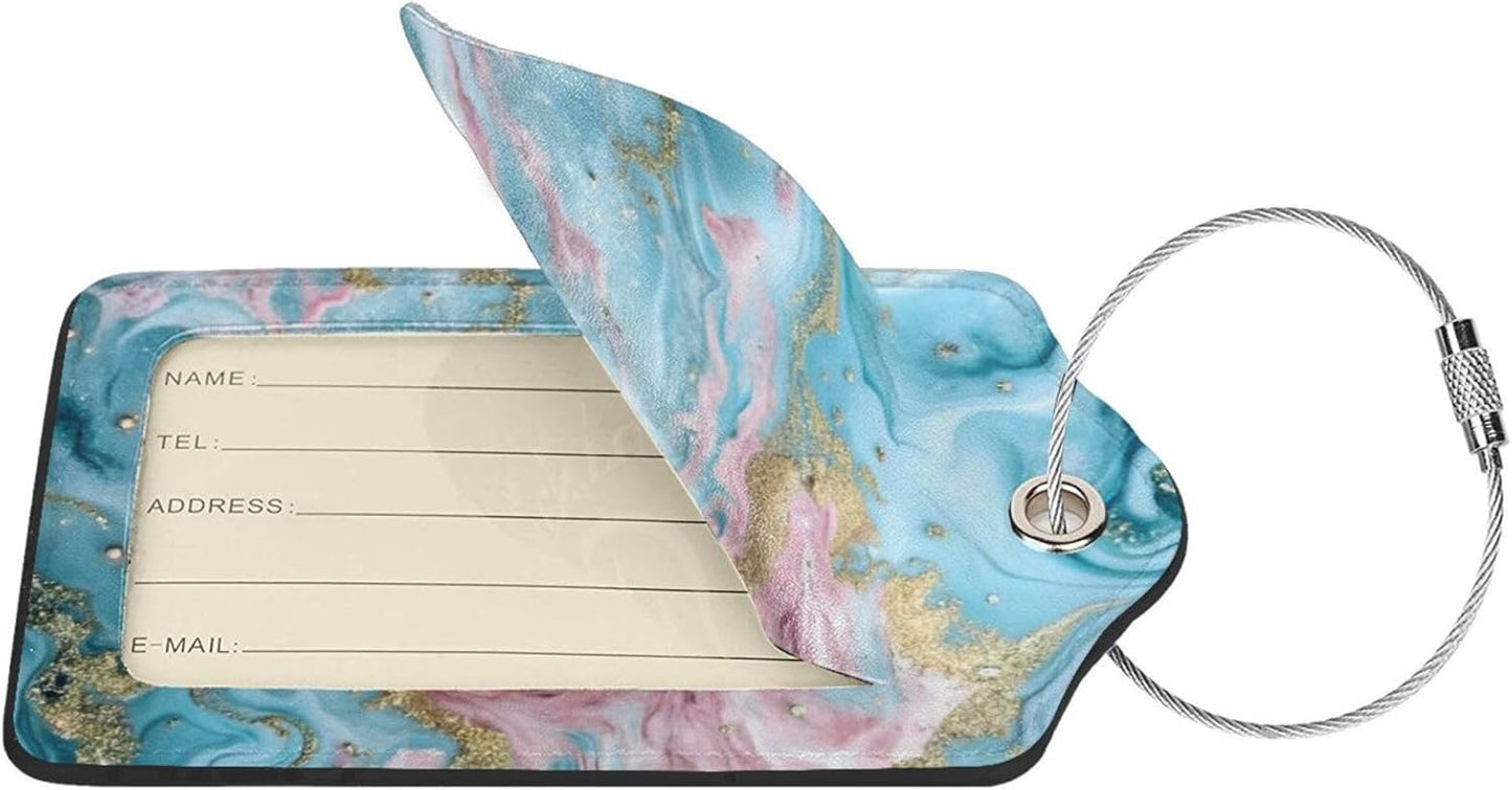 2 Pack Luggage Tag for Suitcase, Cute Unique Leather Suitcase Tags Identifiers with Privacy Name Address Labels & Durable Steel Loop for Women Men Travel