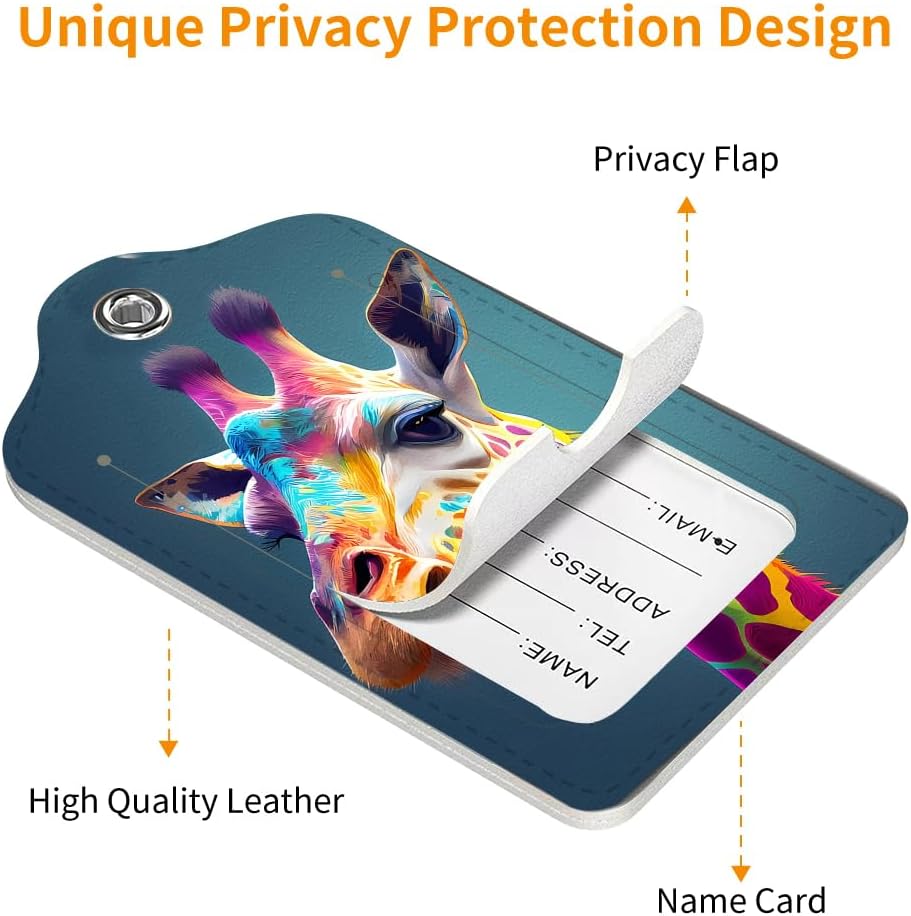 2 Pack Luggage Tag for Suitcase, Cute Unique Leather Bag Tags Identifiers Privacy Cover ID Label with Durable Steel Loop for Women Men Kids Girls Travel，GiraffeA