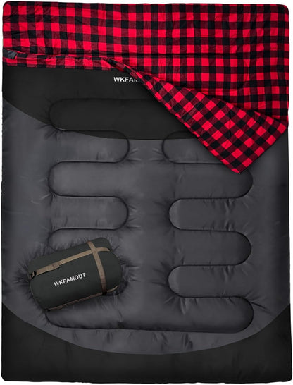 Double Sleeping Bag for Adults Machine Washable 2 Person Camping Sleeping Bag Queen Size Waterproof with Compression Sack for Cold Weather 3-4 Seasons