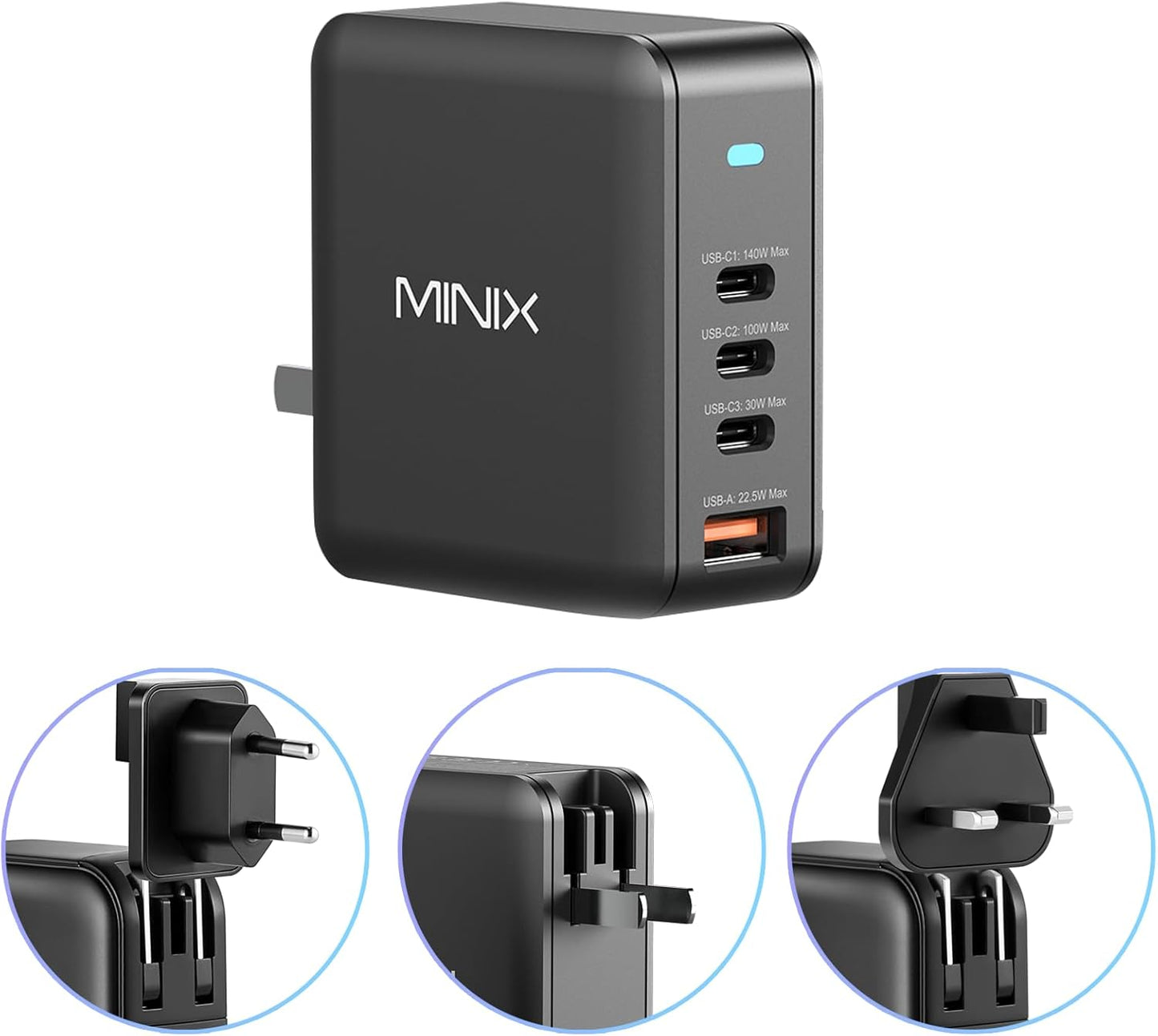 MINIX 165W USB C Charger,GaN II Charger PD3.1 Max 140W,Turbo 4-Port Charging Adapter, Fast Charging Station, Compatible with MacBook Pro/iPad Air/iPhone15 14 13Pro Max/Galaxy S24 Ultra and More