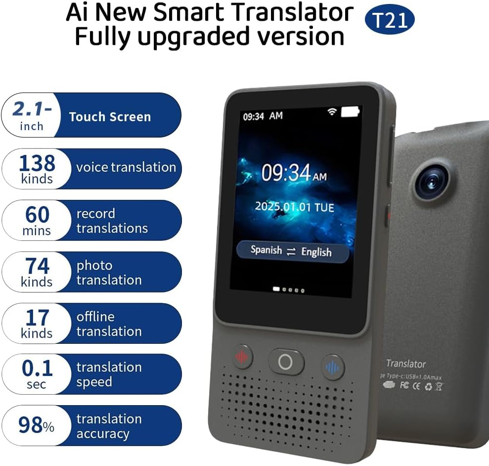 Language Translator Device, Traductor - 2025 Upgraded ChatGPT AI Translator No WiFi Needed, Instant Two-Way 138 Language Voice Translator, Offline/Recording/Photo Translation for Business Travel Study
