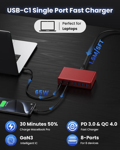 200W USB C Charger Block,8-Ports GaN III Fast Charging Station Hub,QC4.0+PD 65W Laptop Charger Wall Chargers Power Adapter for MacBook Pro/Air,DELL,Steam Desk,iPhone 17/16/15,iPad,Galaxy S25,Pixel-Red