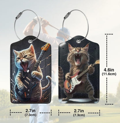2 Pack Luggage Tags for suitcases Guitar Funny Cute cat Luggage Tag, Leather Stainless Steel Loop Label Tag for Men Women Travel Bag Suitcase(Guitar cat)