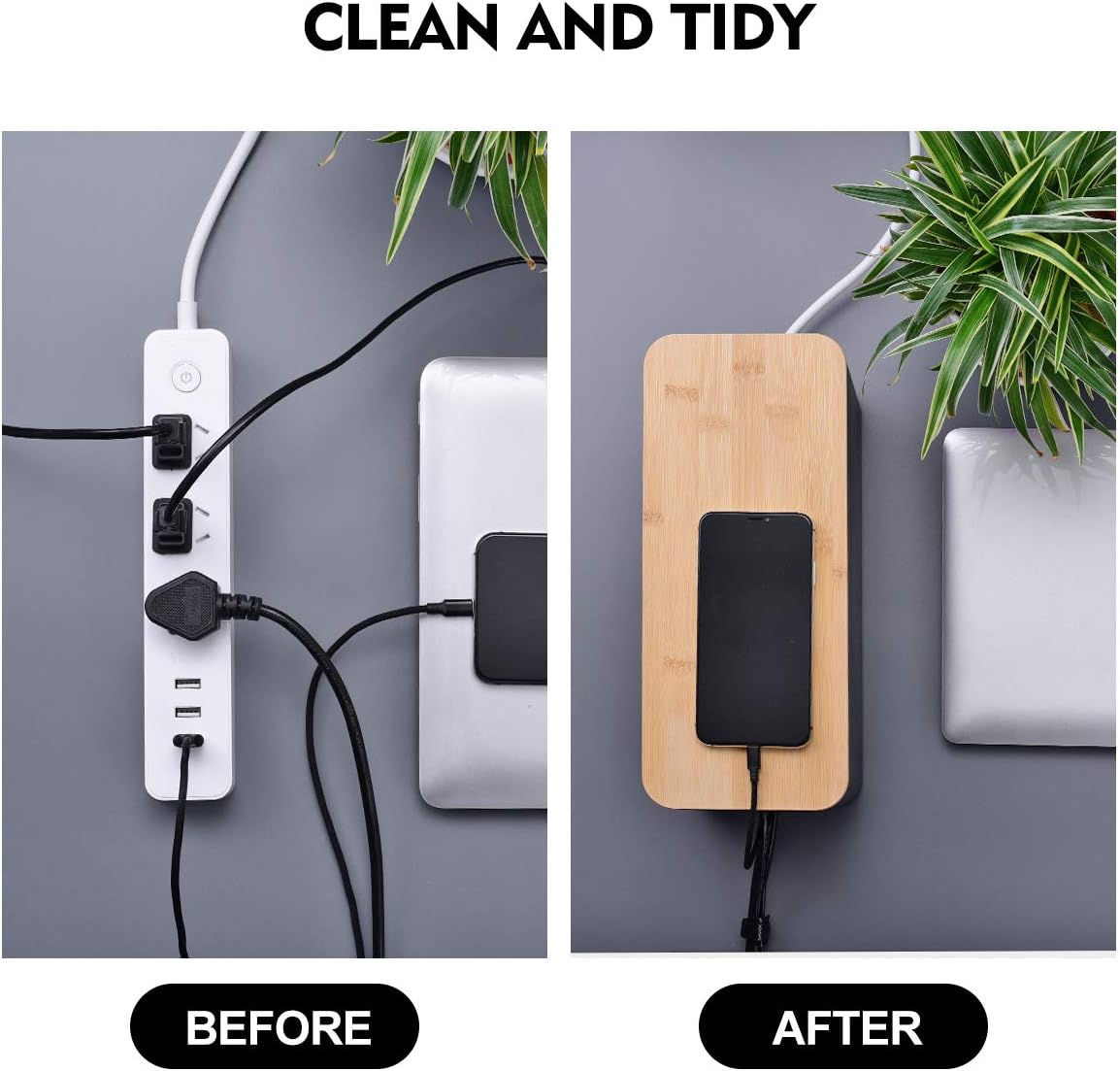 2 Pack Large Cable Management Box – Wooden Style Cord Organizer Box and Cover for TV Wires, Computer, Router, USB Hub and Under Desk Power Strip – Safe ABS Material and Baby-Pets Proof Lock (Black)