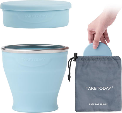 TakeToday Collapsible Travel Cup - Silicone Foldable Water Cup, BPA-Free with Lid & Waterproof Bag - Drinking Cup Set for Office, Camping & International Travel（8 Oz, Blue）
