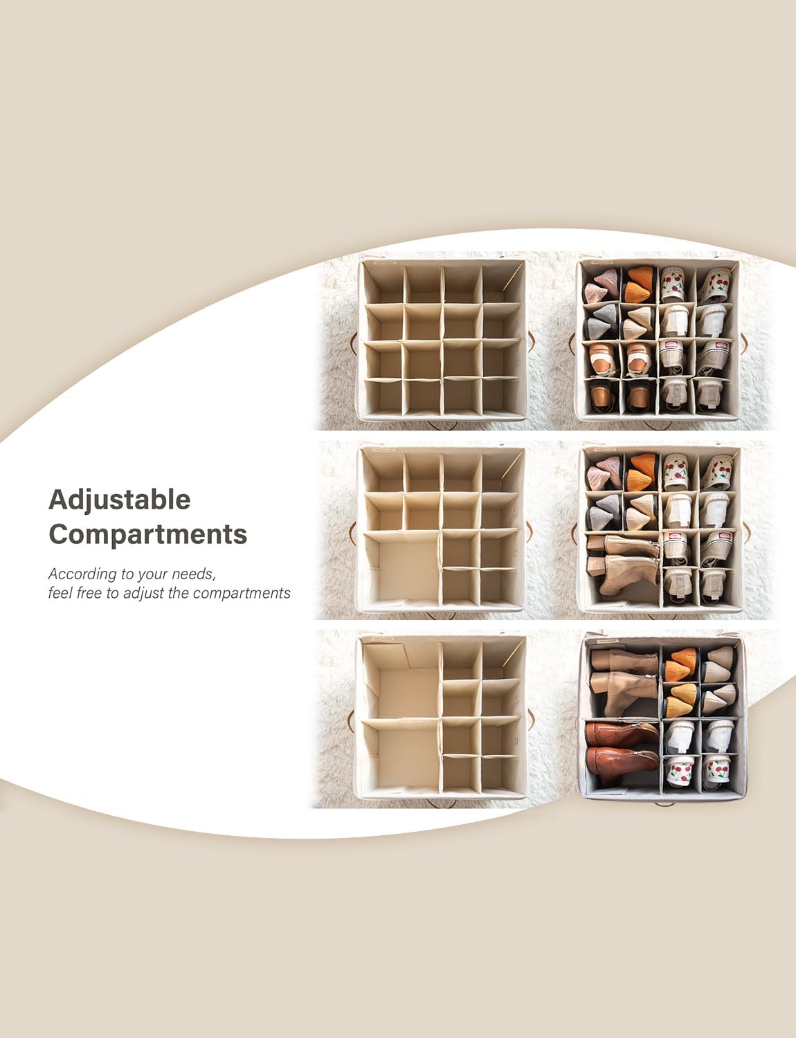 StorageWorks Shoe Organizer for Closet, Fits up to 24 Pairs, Shoe Cubby Storage Containers with Adjustable Dividers and Clear Cover, Beige