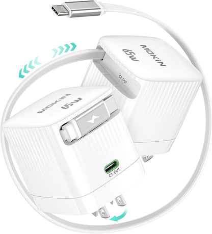 Retractable Wall Charger, 65W PD Fast USB C Charger Block with Retractable Type-C Cable, Travel Fast Charging Adapter with Foldable Plug for iPhone 16/15, MacBook Air, iPad Pro, Samsung, Pixel