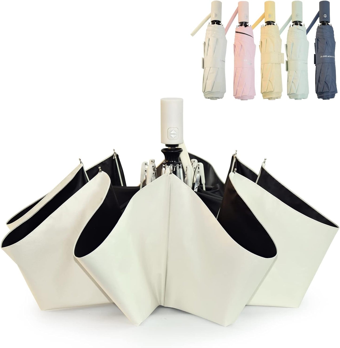 SY COMPACT Umbrella Automatic Travel Waterproof Light Folding Umbrellas Easy Carry for Women and Men (Creamy White)