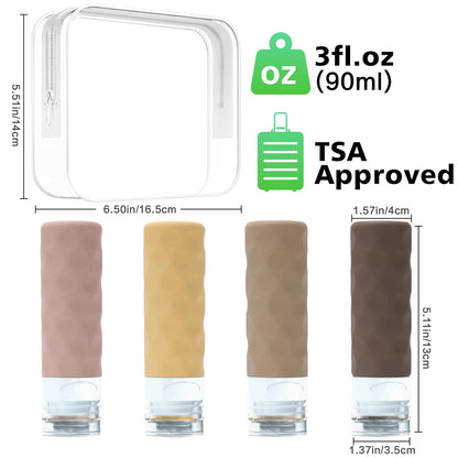 Travel Bottles for Toiletries, 4pcs Tsa Approved 3oz Travel Size Containers, BPA Free Leak Proof Premium Silicone Bottles, Refillable Liquid Squeezable Accessories W/Toiletry Bag（Apricot）
