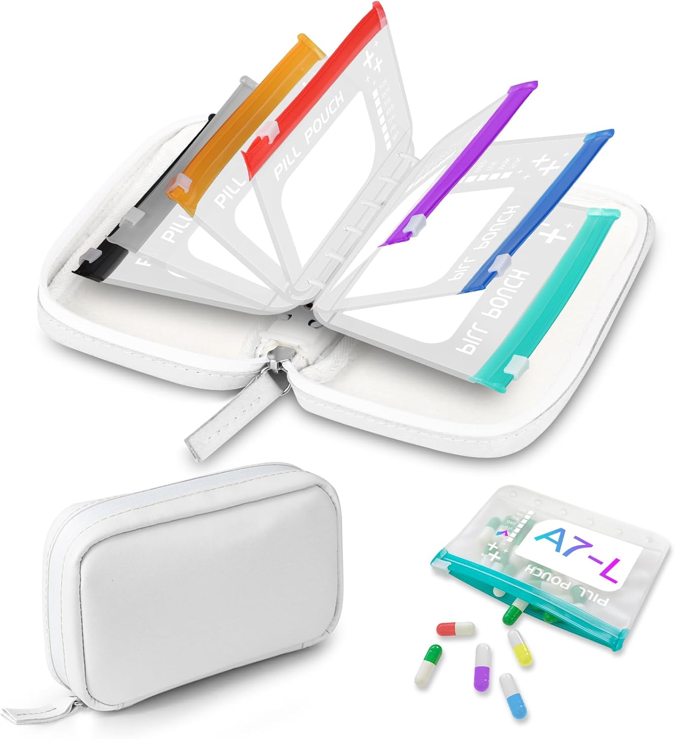 A7-L Water-Proof Pill Pouch Set， Large Pill Organizer, BPA Free, A7-L Pill Loose-Leaf Storage with Color-Coded Medicine Pouches, Reusable Travel Medicine Organizer， Zippered Pill Organizers Weekly
