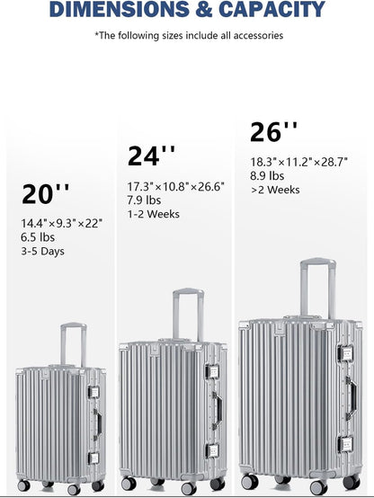 HotWay 24 Inch Aluminum Frame Luggage with Spinner Wheels, PC Hard Shell Suitcase with Cup Holder, Zipperless Luggage for Business Travel, Silver