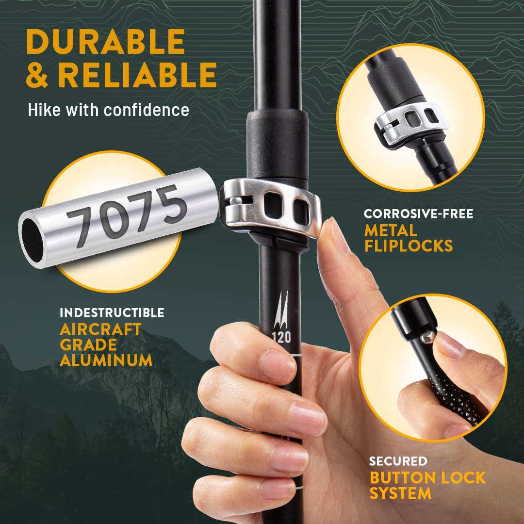 Premium Foldable Hiking Poles by USA Brand - Adjustable, Lightweight Trekking Poles Made of Aircraft Aluminum, Metal Flip Locks & Comfortable Real Cork and EVA Foam Grips