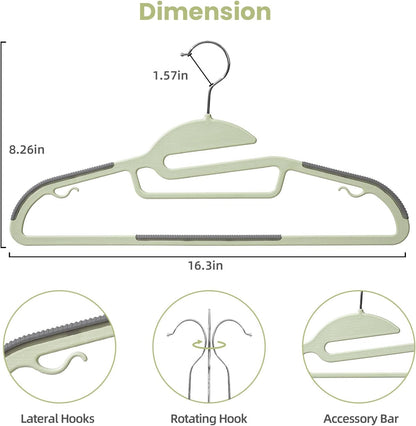 BAGAIL Plastic Hangers 50 Pack with Non-Slip Design,0.2 Inches Thick, 360°Swivel Hook Space Saving Organizer for Bedroom Closet,Shirts,Pants(Matcha Green- S Shaped)