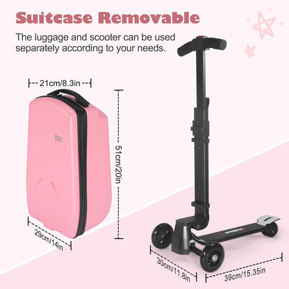 iubest Luggage Carry On Scooter Suitcase for Kids Age 4-15, Detachable & Foldable 4 in 1 Suitcase, Multifunctional Ride On Travel Trolley Scooter Combo-Pink