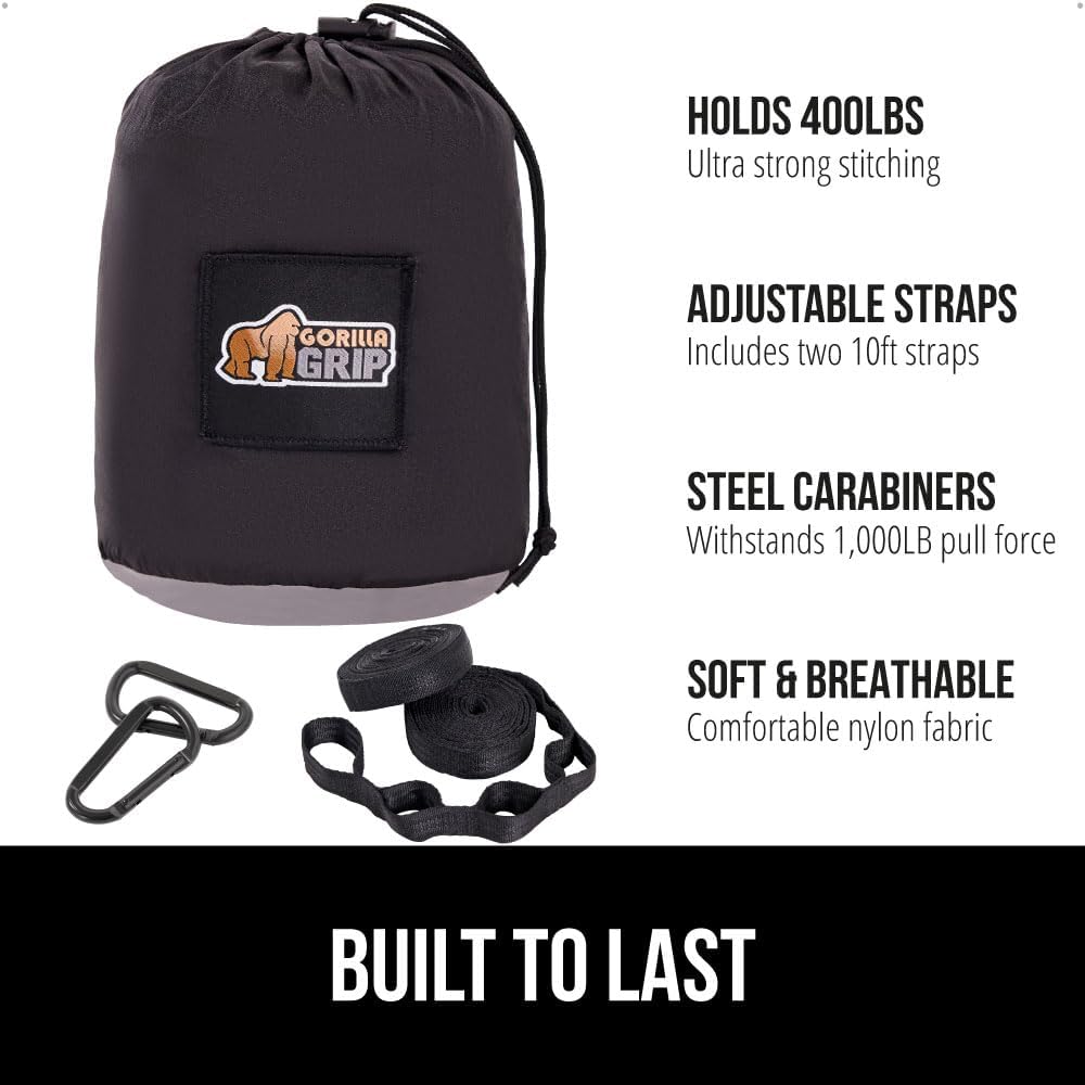 GORILLA GRIP Durable Portable Camping Hammock, Holds 400lbs with Heavy Duty Tree Straps, Comfortable Travel Swing, Camp Hammocks, Easy to Use and Install, Outdoor Essentials, Black, 9x4.5 FT