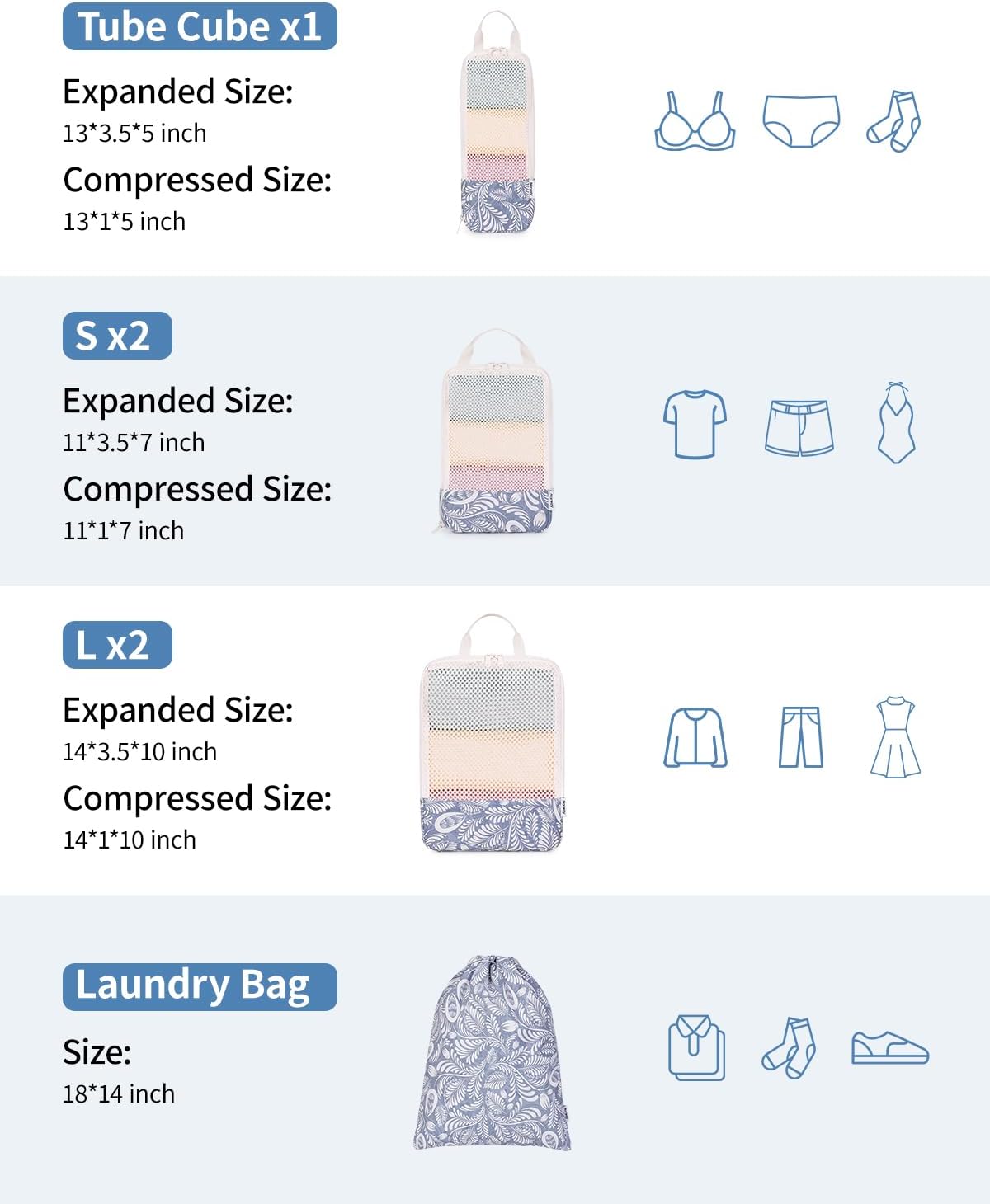 Narwey 6 Set Compression Packing Cubes for Travel Kids Women Carry on, Packing Organizers Bag for Backpack Luggage Suitcase Duffle Bags