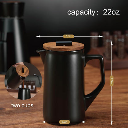 DHPO Ceramic French Press Coffee Maker, 22 Ounce Coffee Press Manual Brewer with Walnut Wood Lid, Premium Food Grade Stainless Steel Filter with Dual Screen for Coffee and Loose Tea, Gift Box, Black