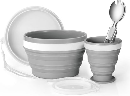 Odoland Camping Mess Kit Silicone Collapsible Bowl, Cup & Stainless Steel Spoon for 1 Person Backpacking Outdoor, Camping, Hiking and Picnic