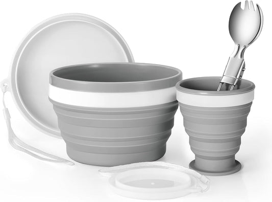 Odoland Camping Mess Kit Silicone Collapsible Bowl, Cup & Stainless Steel Spoon for 1 Person Backpacking Outdoor, Camping, Hiking and Picnic
