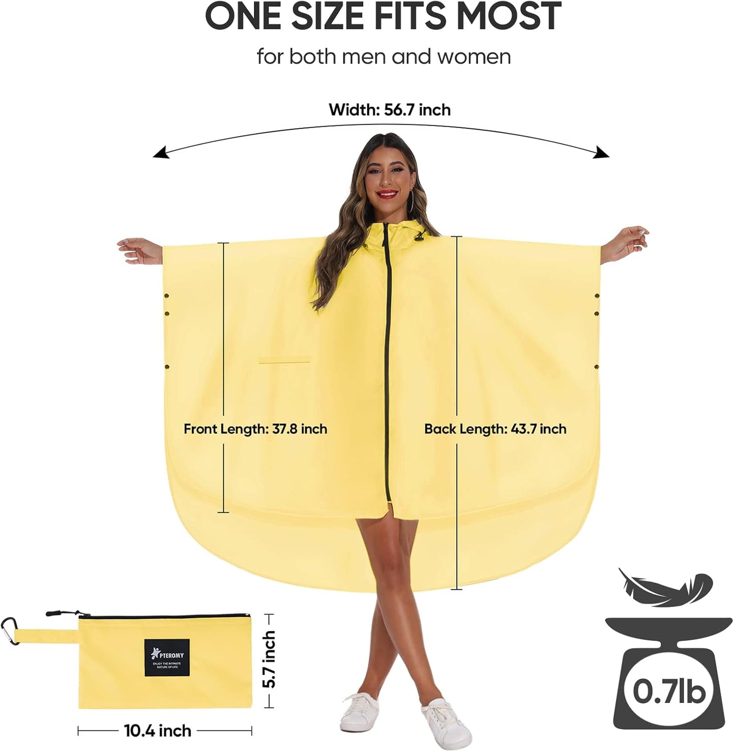 PTEROMY Hooded Rain Poncho for Adult with Pocket and Zipper, Waterproof Lightweight Raincoat for Men and Women