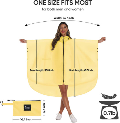 PTEROMY Hooded Rain Poncho for Adult with Pocket and Zipper, Waterproof Lightweight Raincoat for Men and Women