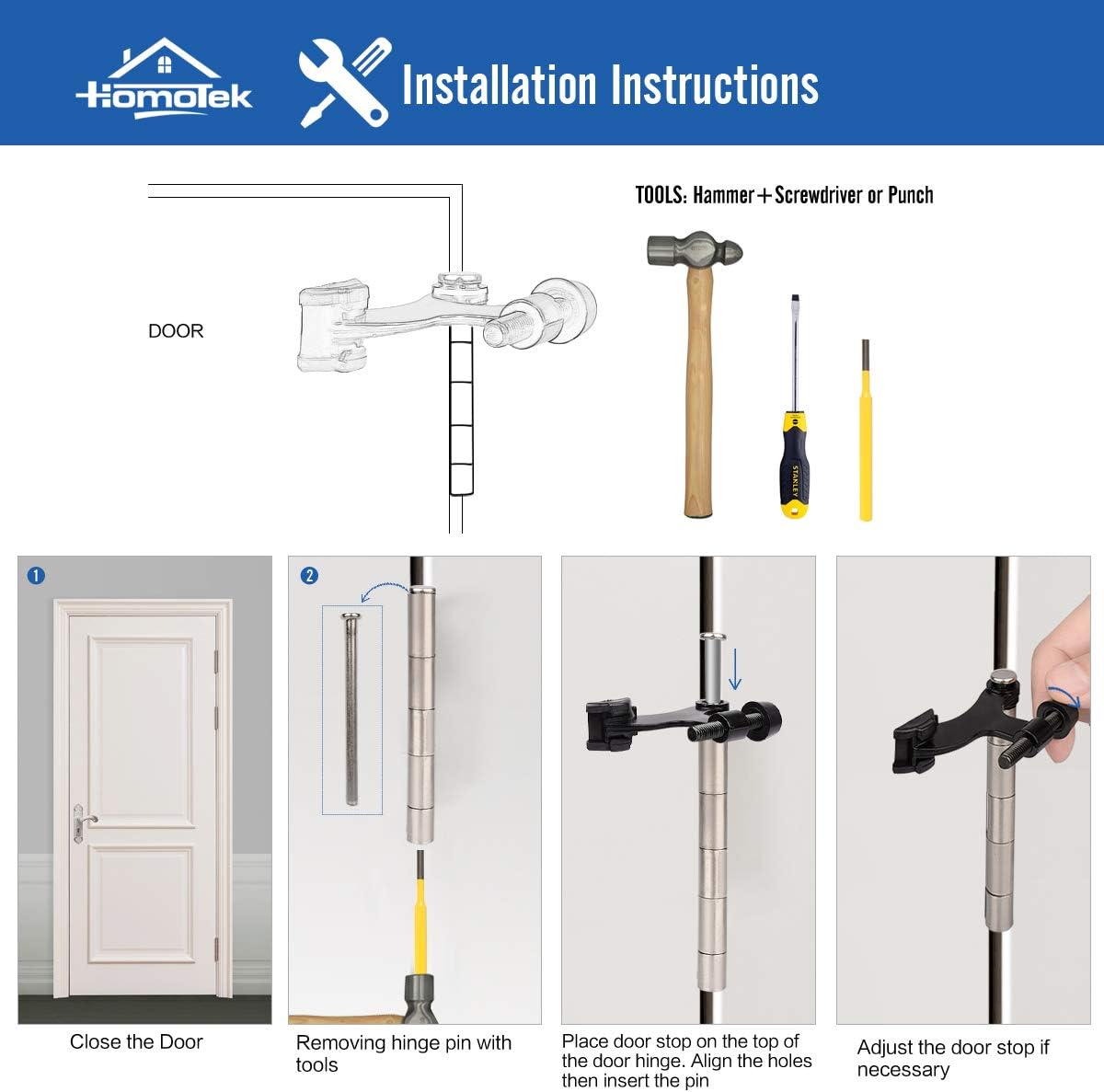 HOMOTEK 8 Pack Hinge Pin Satin Nickel Door Stopper,Adjustable Deluxe Heavy Duty Door Stopper 2-1/2"x1-3/4,with White Rubber Bumper Tips