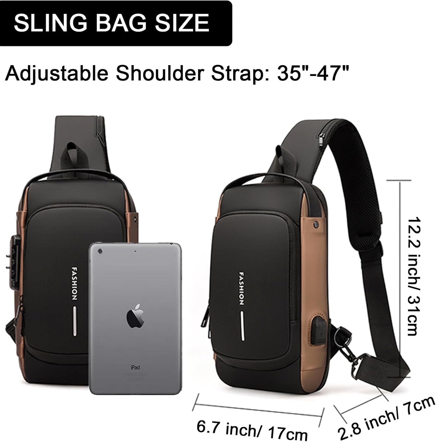 Sling Bag for Men Anti-theft USB Crossbody Shoulder Backpack Purse Waterproof PU Leather Chest Bag Travel Daily Use