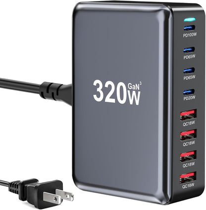 320W USB C Fast Charger Block, 8 Port USB Charging Station, GaN Ⅲ Pro 100W PD PPS Port Fast Charging Station Hub, Laptop Wall Charger Compatible with MacBook, iPhone 17, iPad, Android Devices etc
