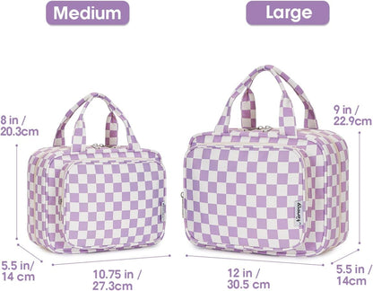 Narwey Travel Toiletry Bag for Women Large Hanging Makeup Bag Organizer Toiletries Bag for Full Size Essentials Accessories Cosmetics (Purple Checkerboard (Large))