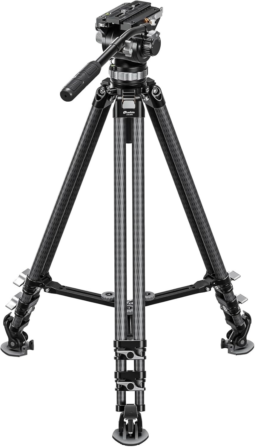 Leofoto LVC-253C+BV-20 Video Tripod, Twin Leg, Integrated Bowl, Leveling Base with Handle, 3 Leg Sections, Fluid Head Set, Lever Release Clamp