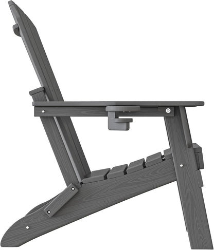 Folding Adirondack Chair - Extended Ergonomic Backrest, Cup Holder - Easy Assembly - Durable HDPE Plastic, Weather Resistant & Maintenance-Free - Lawn, Patio, Deck Supports 400lbs Grey
